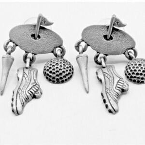 VTG JJ Jonette Pewter Golf Theme Dangle Charm Pin Ball Shoe Tee Earrings Stamped